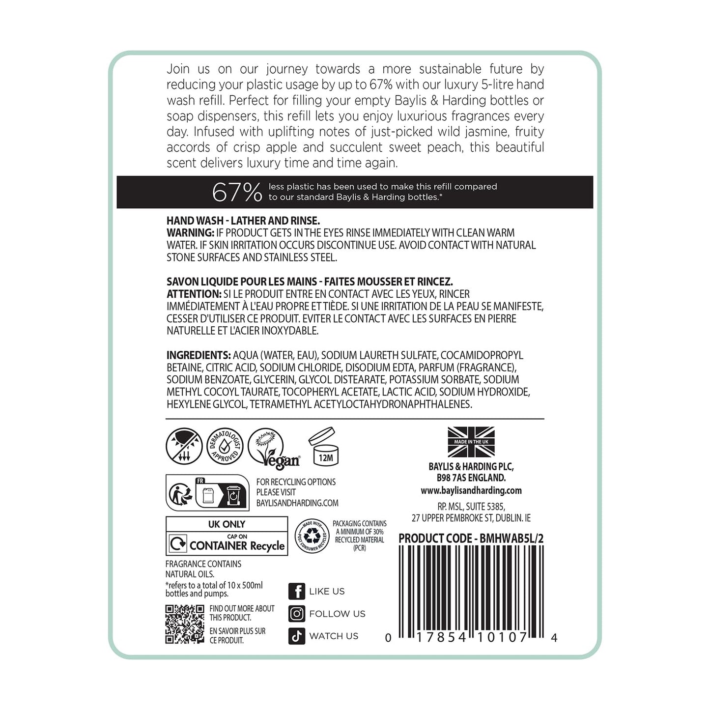 Baylis & Harding Jasmine and Apple Blossom Anti-Bacterial Hand Wash, 500 ml (Pack of 3) - Vegan Friendly