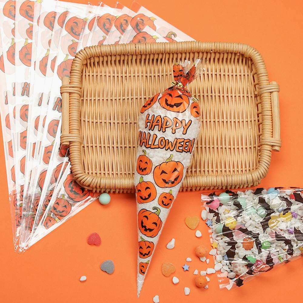RFWIN 100Pcs Pumpkin Cone Bag Halloween Clear Cellophane Treat Bags Party Favor Bags with Gold Twist Ties for Candy Cookies