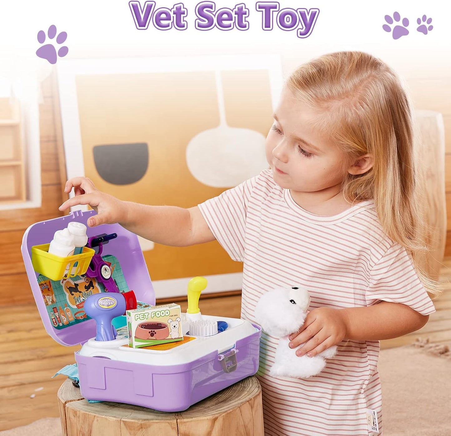 HERSITY Kids Vet Kit Dog Grooming Toy Pet Care Role Play Games Animal Dolls Pretend Play Pet Carrier Set Toys 3 4 5 Year Old Girls Boys Children Gifts
