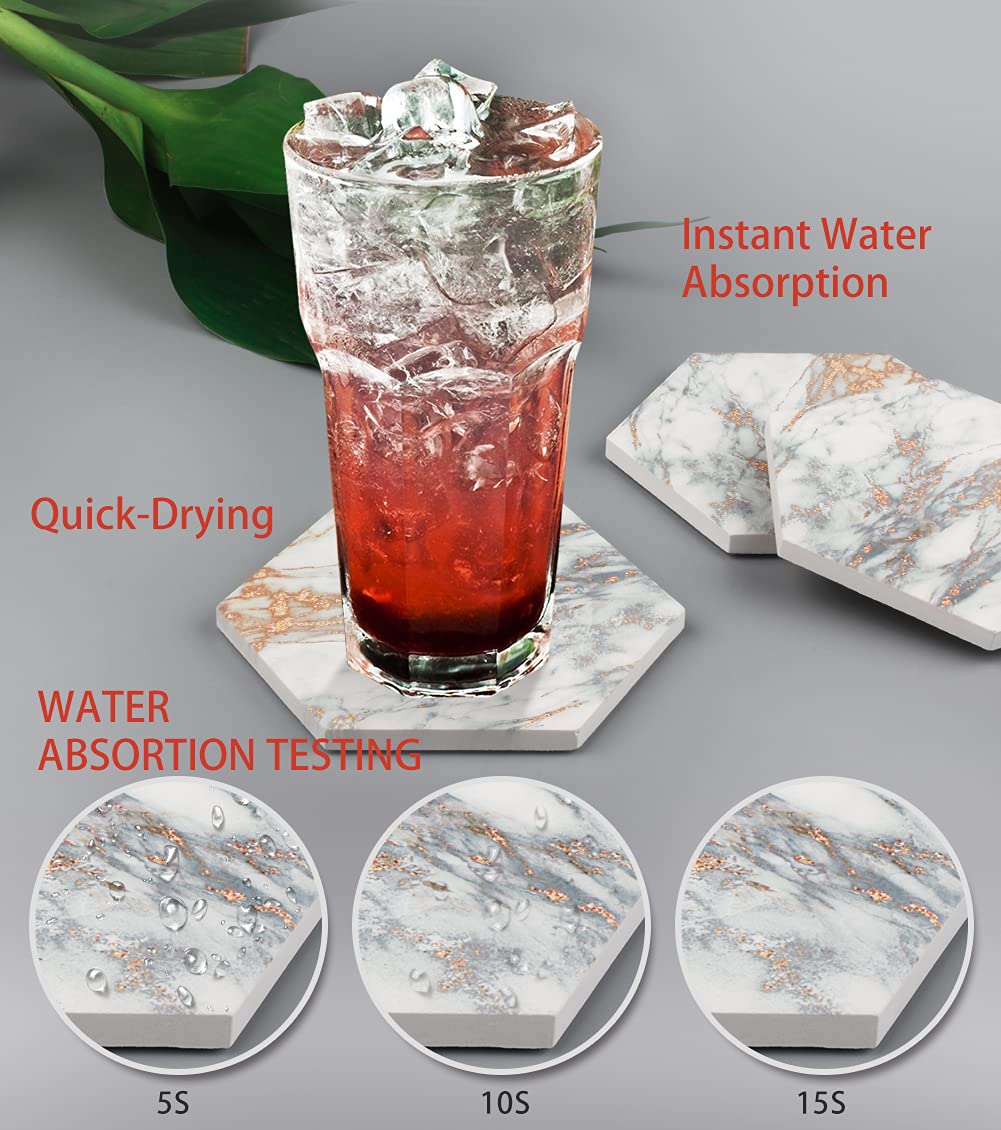 Marble Coasters for Drinks Absorbent with Cork Base, 8pcs Drink Coasters for Wooden Table with Metal Holder, Gold Ceramic Cup Coaster Set Rustic Home Decor for Living Room Bar Housewarming Gifts 4 ''