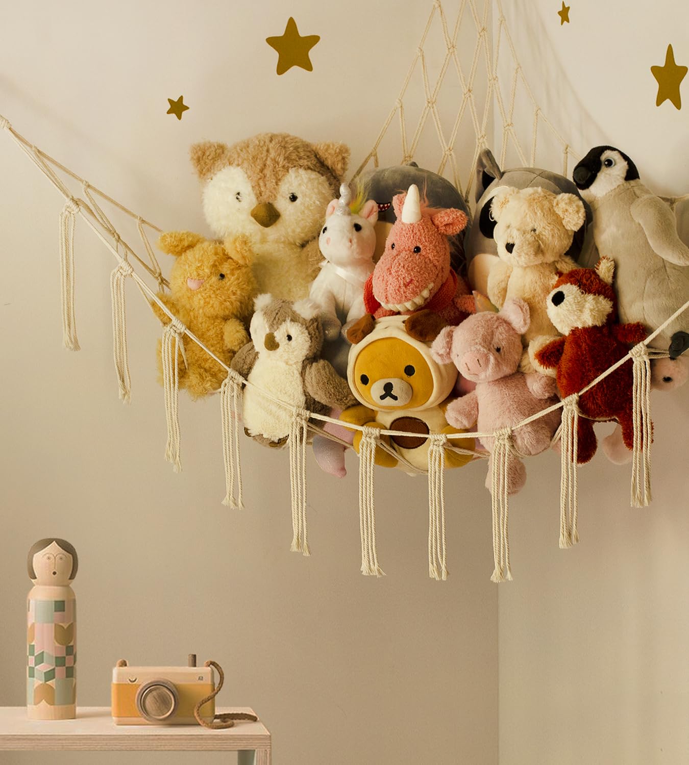 Stuffed Animal Storage Hammock - Baby Toy Hammock Net for Stuffed Animals Cute Room Decor -Large Stuff Animal Organizer Holder for Plush Plushie - Kids Nursery Beige Bedroom Home Decor