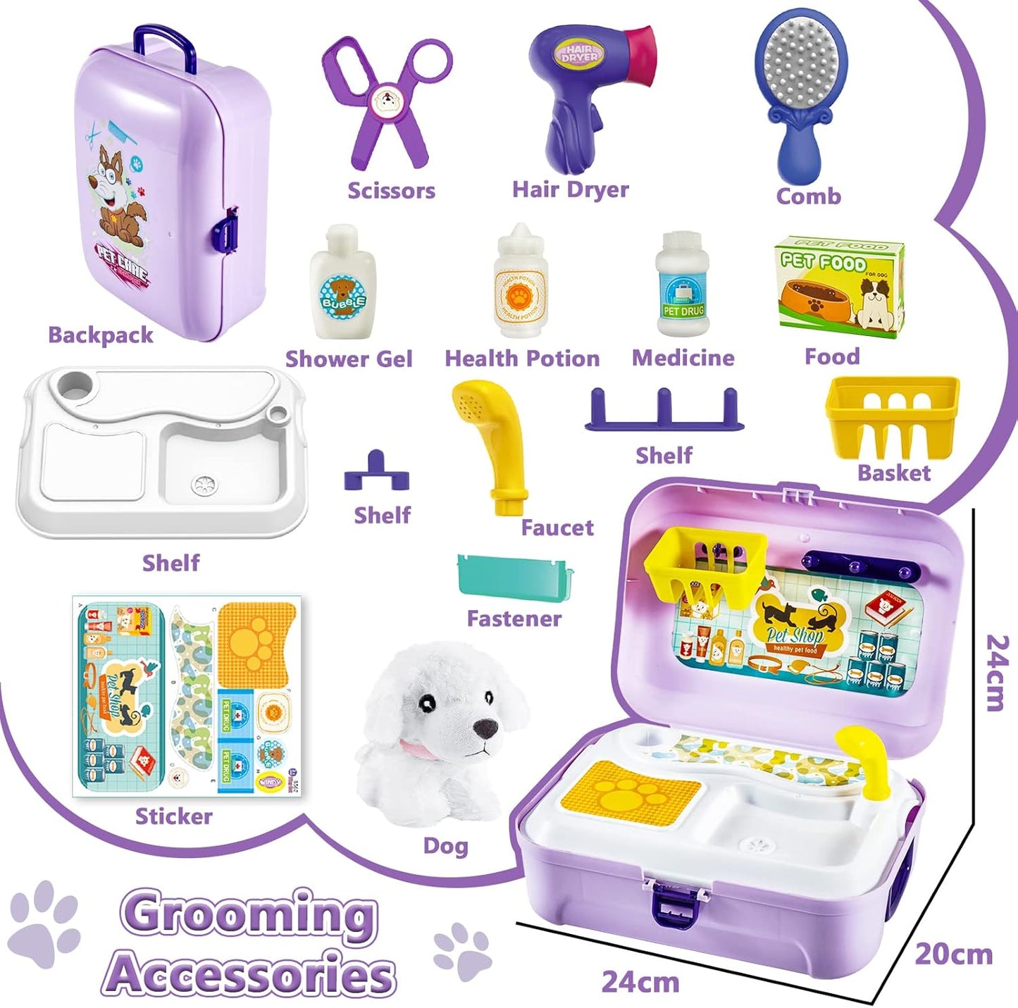 HERSITY Kids Vet Kit Dog Grooming Toy Pet Care Role Play Games Animal Dolls Pretend Play Pet Carrier Set Toys 3 4 5 Year Old Girls Boys Children Gifts