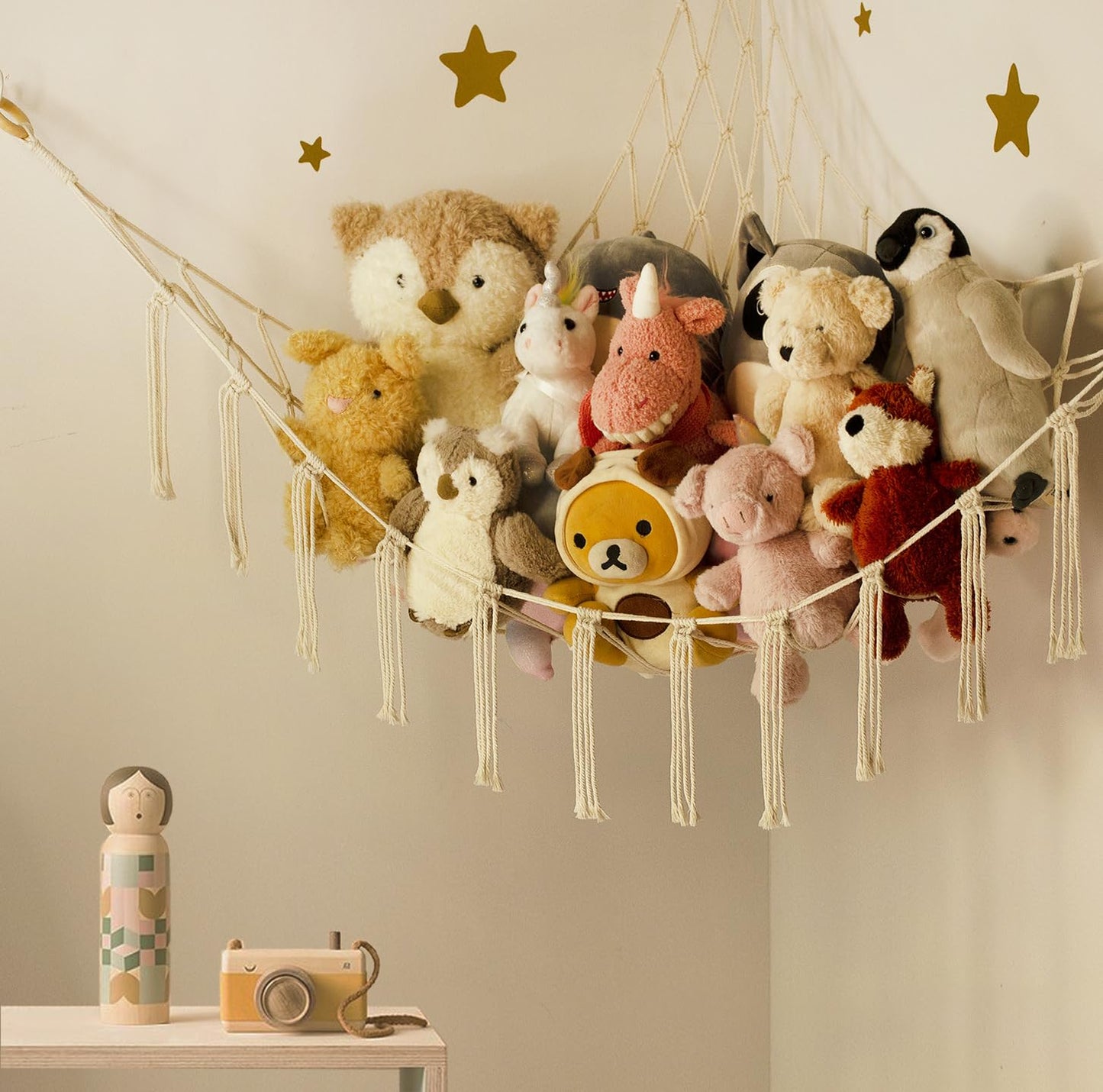 Stuffed Animal Storage Hammock - Baby Toy Hammock Net for Stuffed Animals Cute Room Decor -Large Stuff Animal Organizer Holder for Plush Plushie - Kids Nursery Beige Bedroom Home Decor