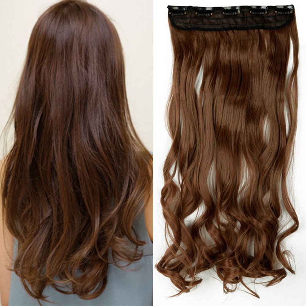 24 Inch One Piece Hair Extensions Clip In Curly Hairpieces Wavy 5 Clips - Dark Brown(60cm-120g)