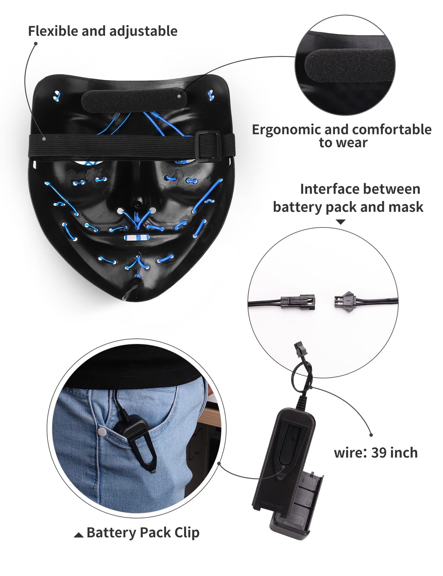 AnanBros Scary LED Halloween Mask, Light up Mask Cosplay, LED Rave Face Mask Costume 3 Lighting Modes, Halloween Face Masks for Men Women Kids