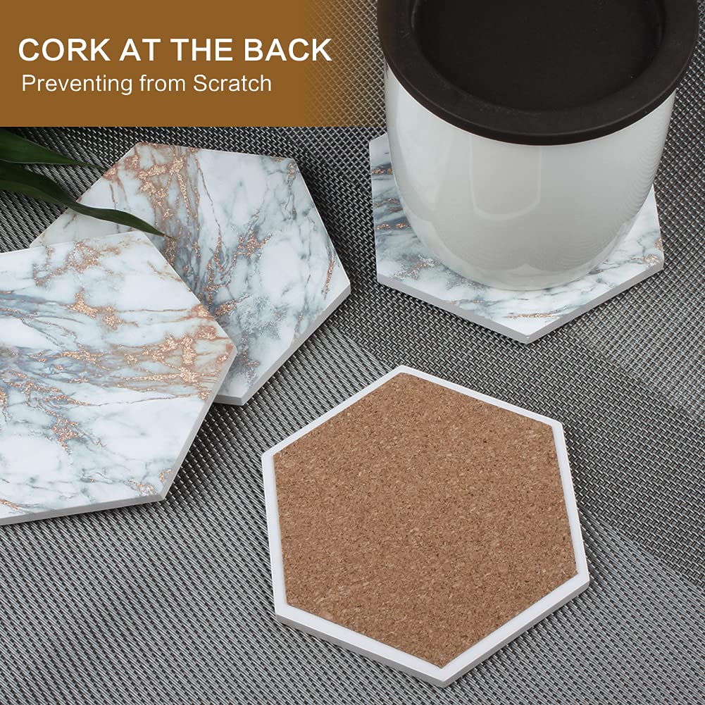 Marble Coasters for Drinks Absorbent with Cork Base, 8pcs Drink Coasters for Wooden Table with Metal Holder, Gold Ceramic Cup Coaster Set Rustic Home Decor for Living Room Bar Housewarming Gifts 4 ''