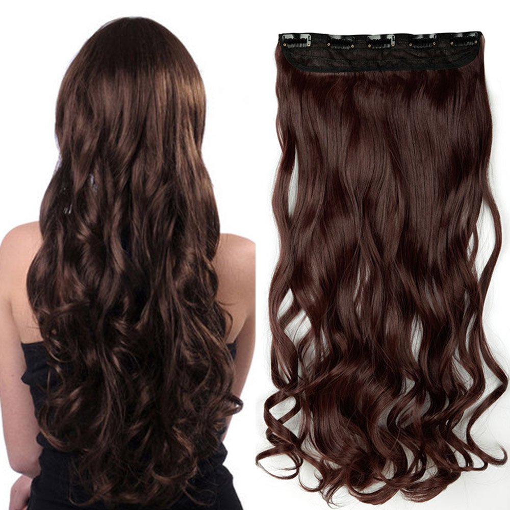 24 Inch One Piece Hair Extensions Clip In Curly Hairpieces Wavy 5 Clips - Dark Brown(60cm-120g)