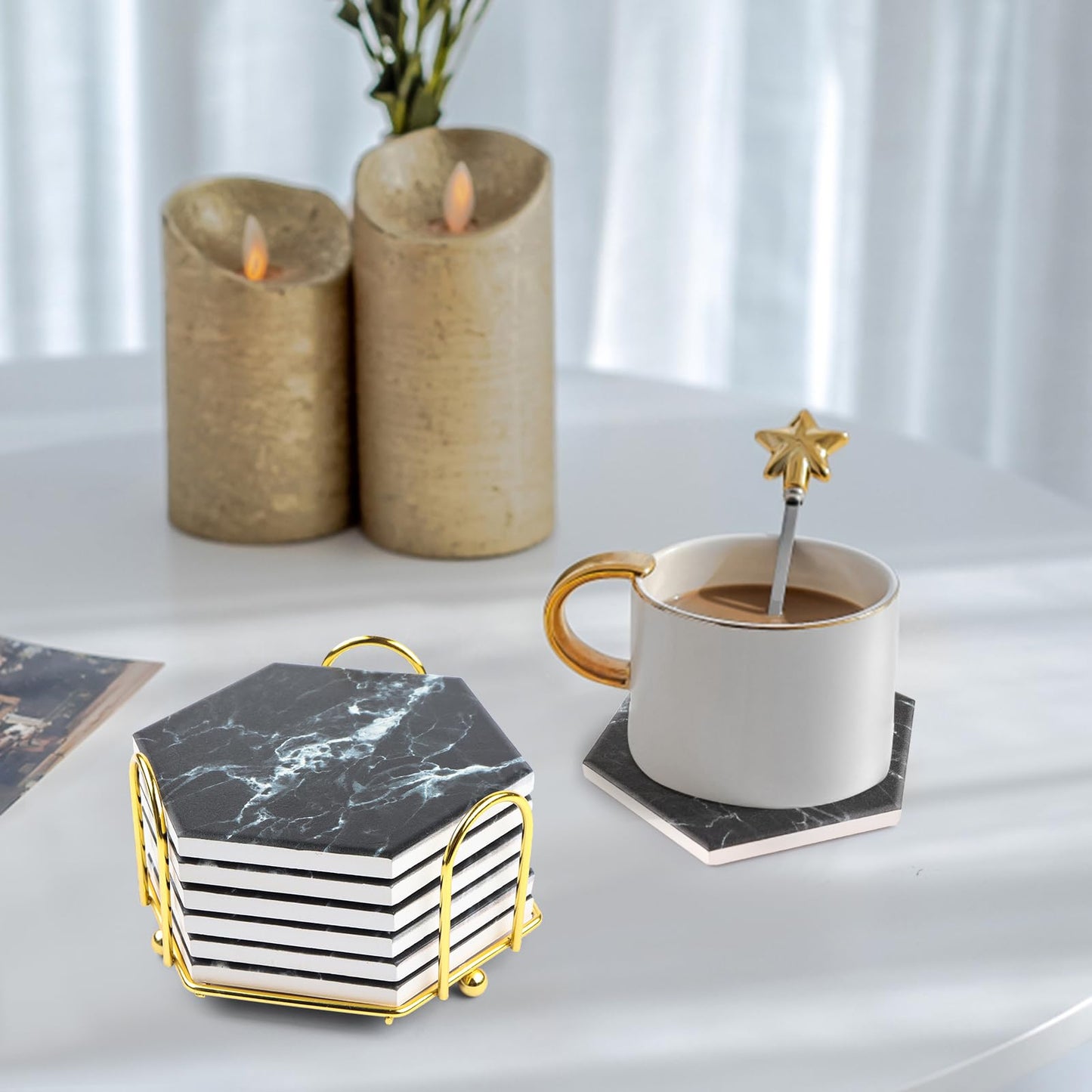 Marble Coasters for Drinks Absorbent with Cork Base, 8pcs Drink Coasters for Wooden Table with Metal Holder, Gold Ceramic Cup Coaster Set Rustic Home Decor for Living Room Bar Housewarming Gifts 4 ''