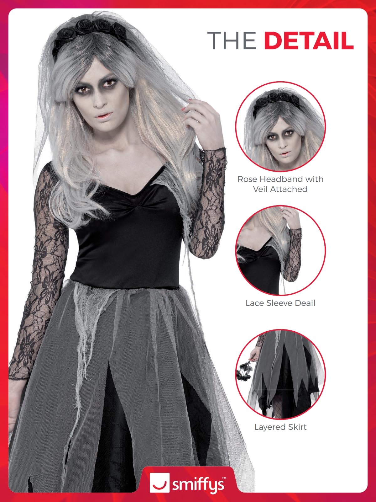 Smiffys Adult Women's Graveyard Bride Costume, Dress and Rose Veil, Legends of Evil