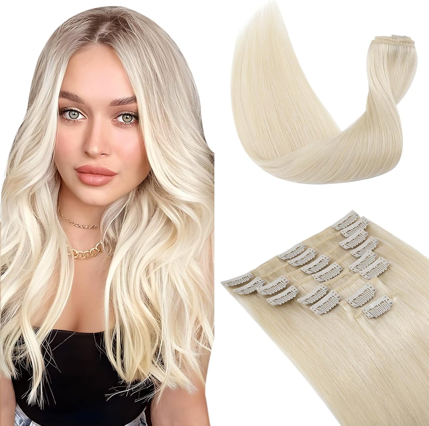 Elailite Clip in Hair Extensions Real Human Hair - 100% Remy Hair Straight 8 Pcs Thin Weft (#12/613 Golden Brown Mix Bleach Blonde, 10 Inch (50 g))