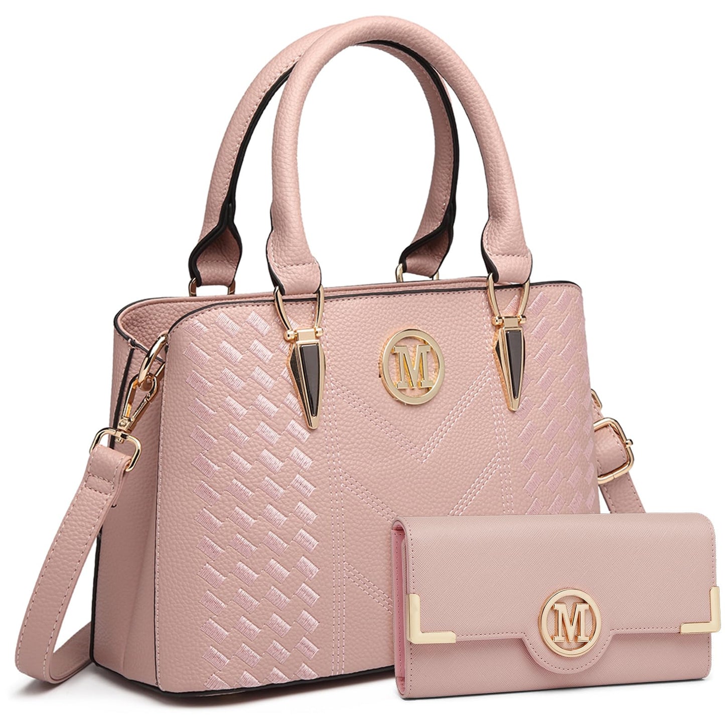 Miss Lulu Handbag for Women, Woven and Chevron Pattern, M Logo on The Front, Top Handle or Shoulder Bag