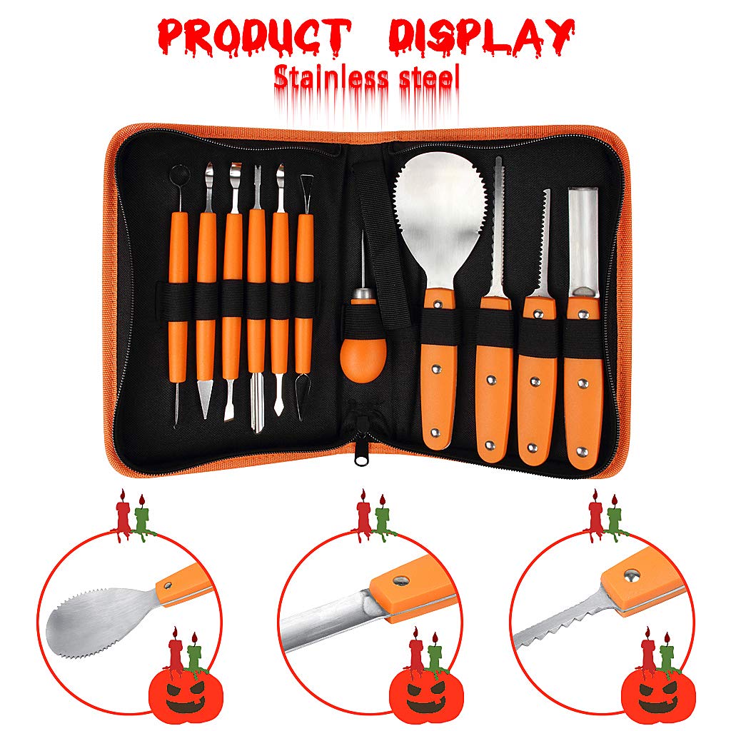 OWUDE Professional Pumpkin Carving Kit, 11 Pieces Heavy Duty Stainless Steel Carving Tools for Halloween with Carrying Case and 10 Pcs Carving Templates-Black