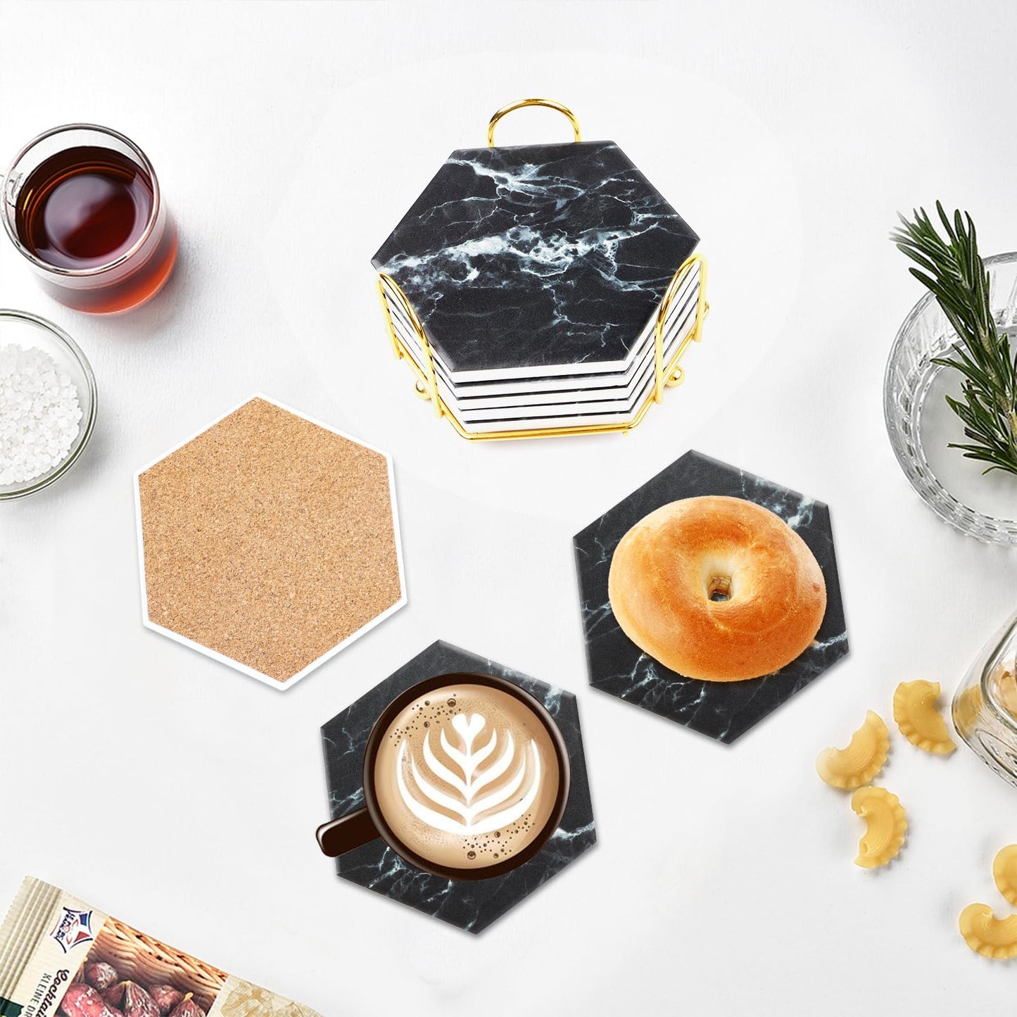 Marble Coasters for Drinks Absorbent with Cork Base, 8pcs Drink Coasters for Wooden Table with Metal Holder, Gold Ceramic Cup Coaster Set Rustic Home Decor for Living Room Bar Housewarming Gifts 4 ''
