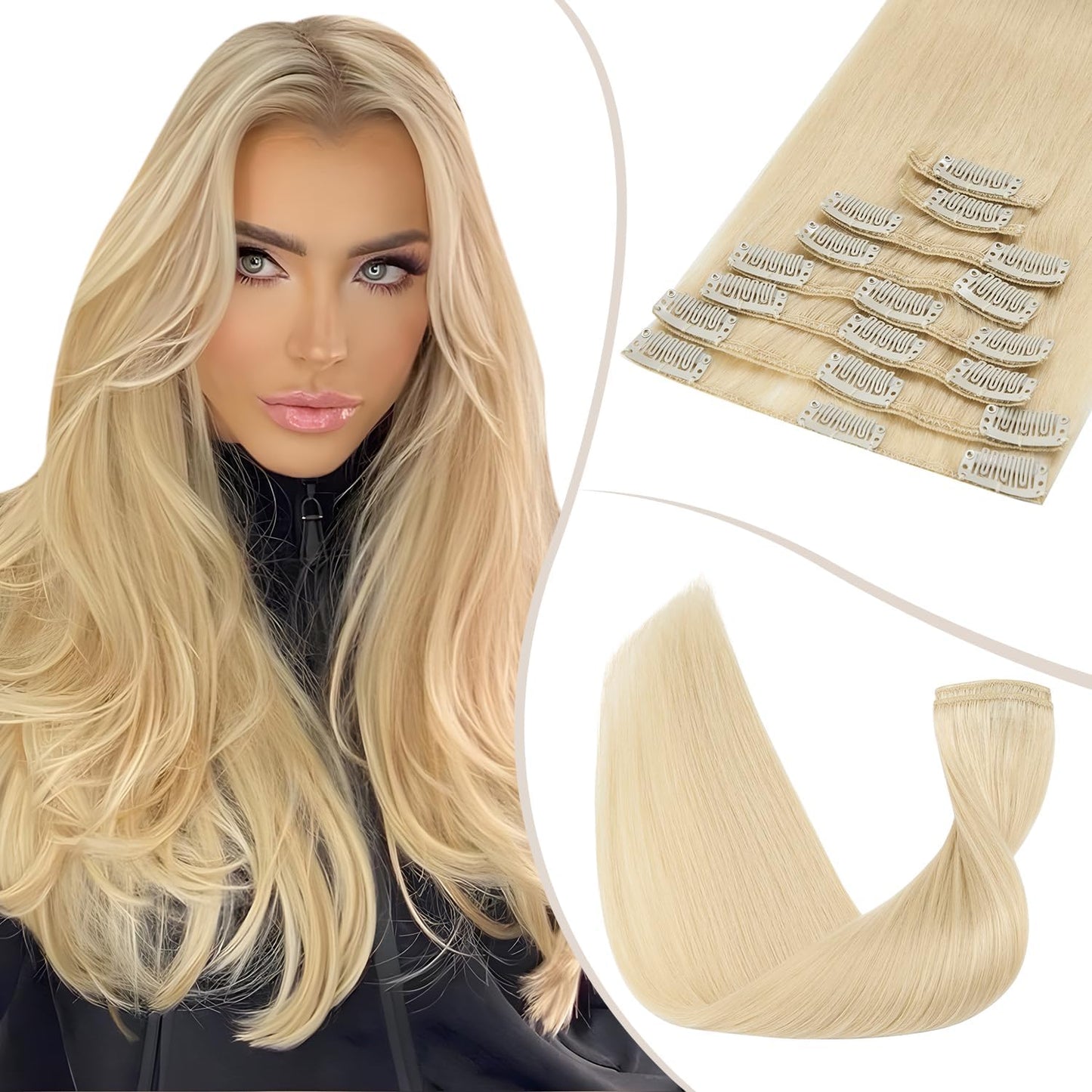 TESS Clip in Hair Extensions Real Human Hair Highlighted Remy Seamless 8 Pieces Straight Short for Women/Girls (#12P613 Golden Brown & Bleach Blonde, 10 Inch 50g)