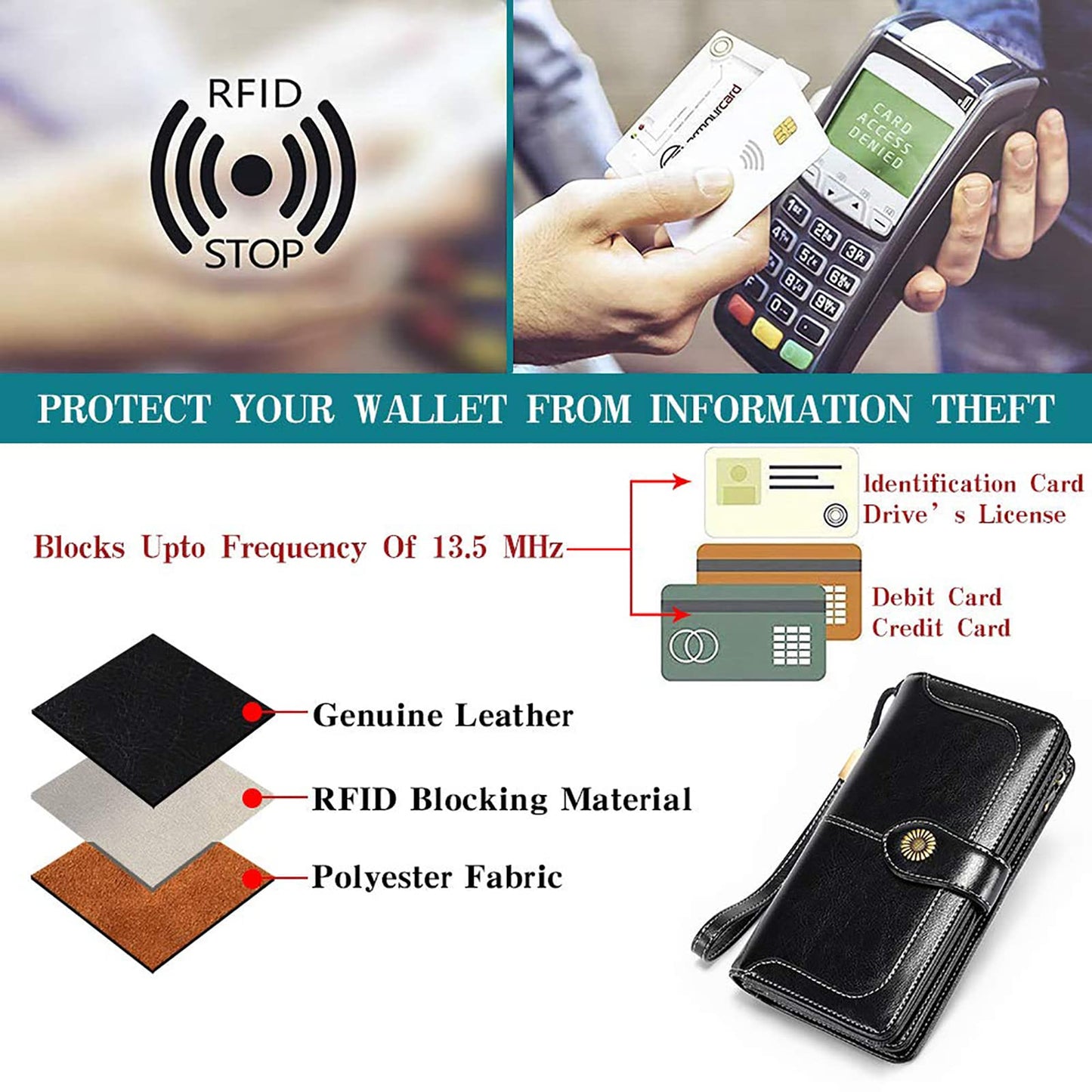 SENDEFN Genuine Leather Purses for Women, RFID Large Ladies Purse, Wallet for Women with Wrist Strap