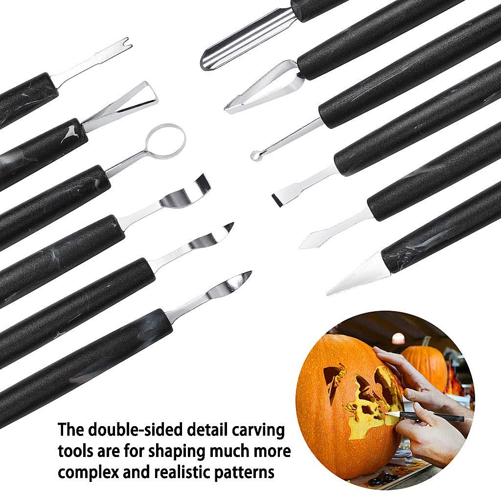 OWUDE Professional Pumpkin Carving Kit, 11 Pieces Heavy Duty Stainless Steel Carving Tools for Halloween with Carrying Case and 10 Pcs Carving Templates-Black