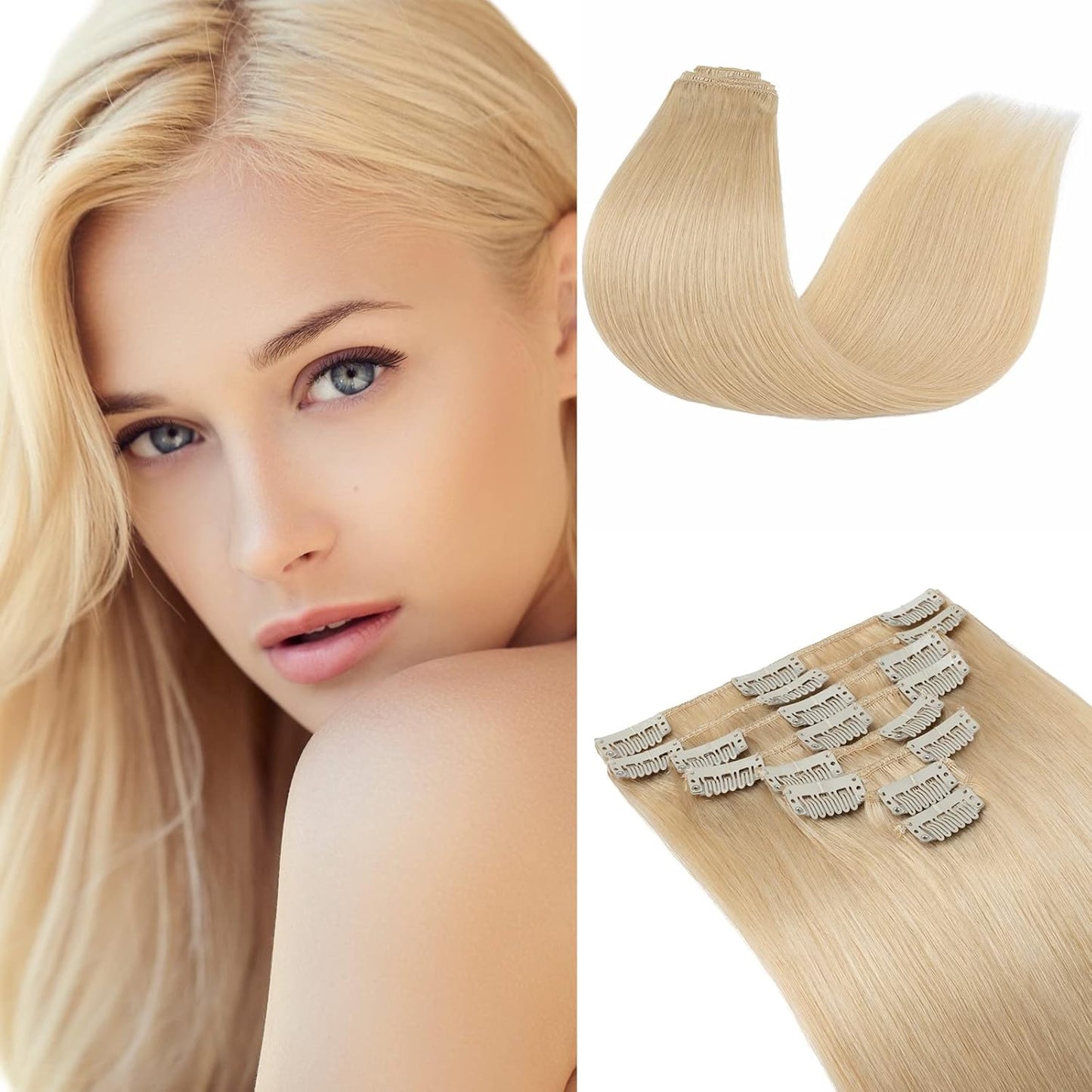 Elailite Clip in Hair Extensions Real Human Hair - 100% Remy Hair Straight 8 Pcs Thin Weft (#12/613 Golden Brown Mix Bleach Blonde, 10 Inch (50 g))