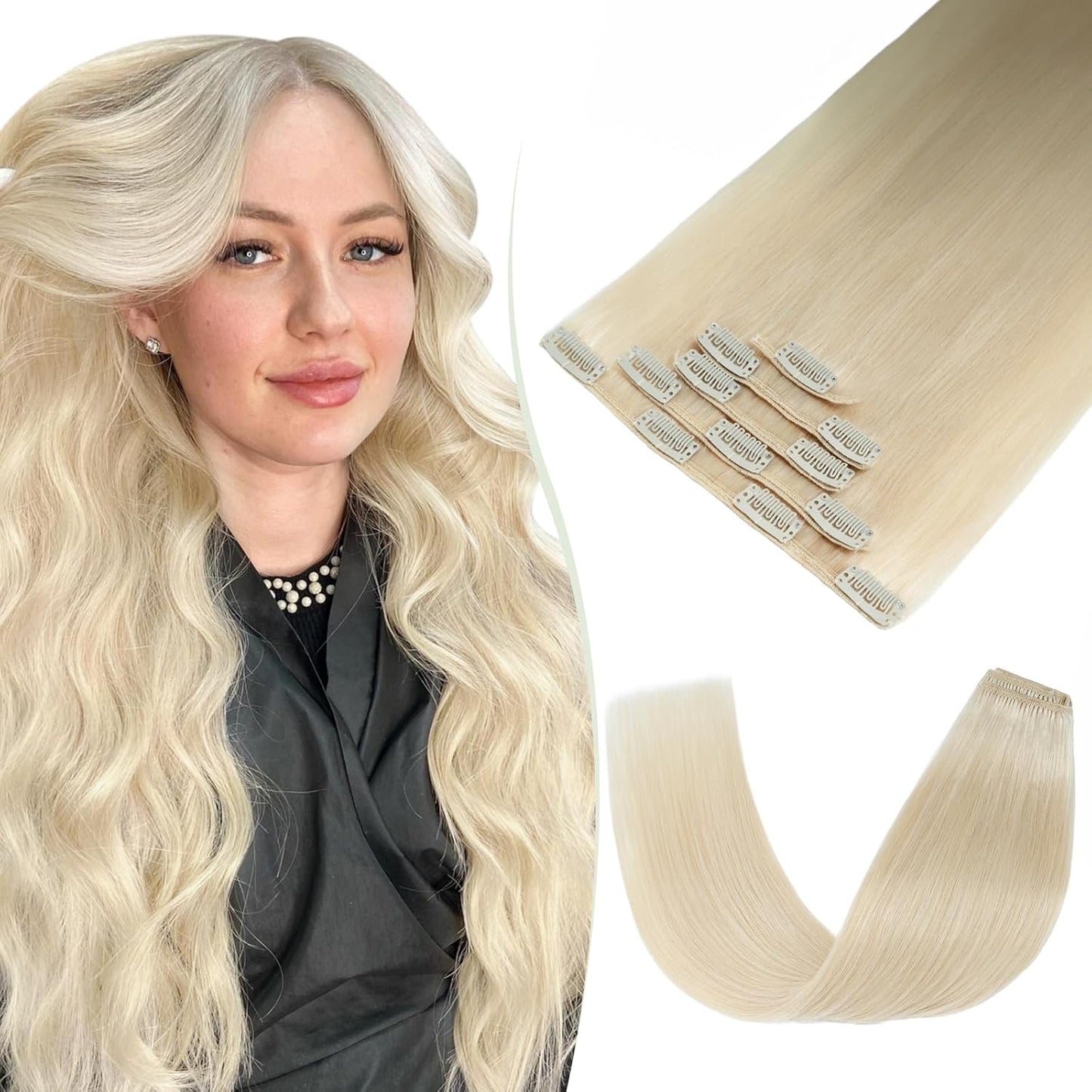TESS Clip in Hair Extensions Real Human Hair Highlighted Remy Seamless 8 Pieces Straight Short for Women/Girls (#12P613 Golden Brown & Bleach Blonde, 10 Inch 50g)