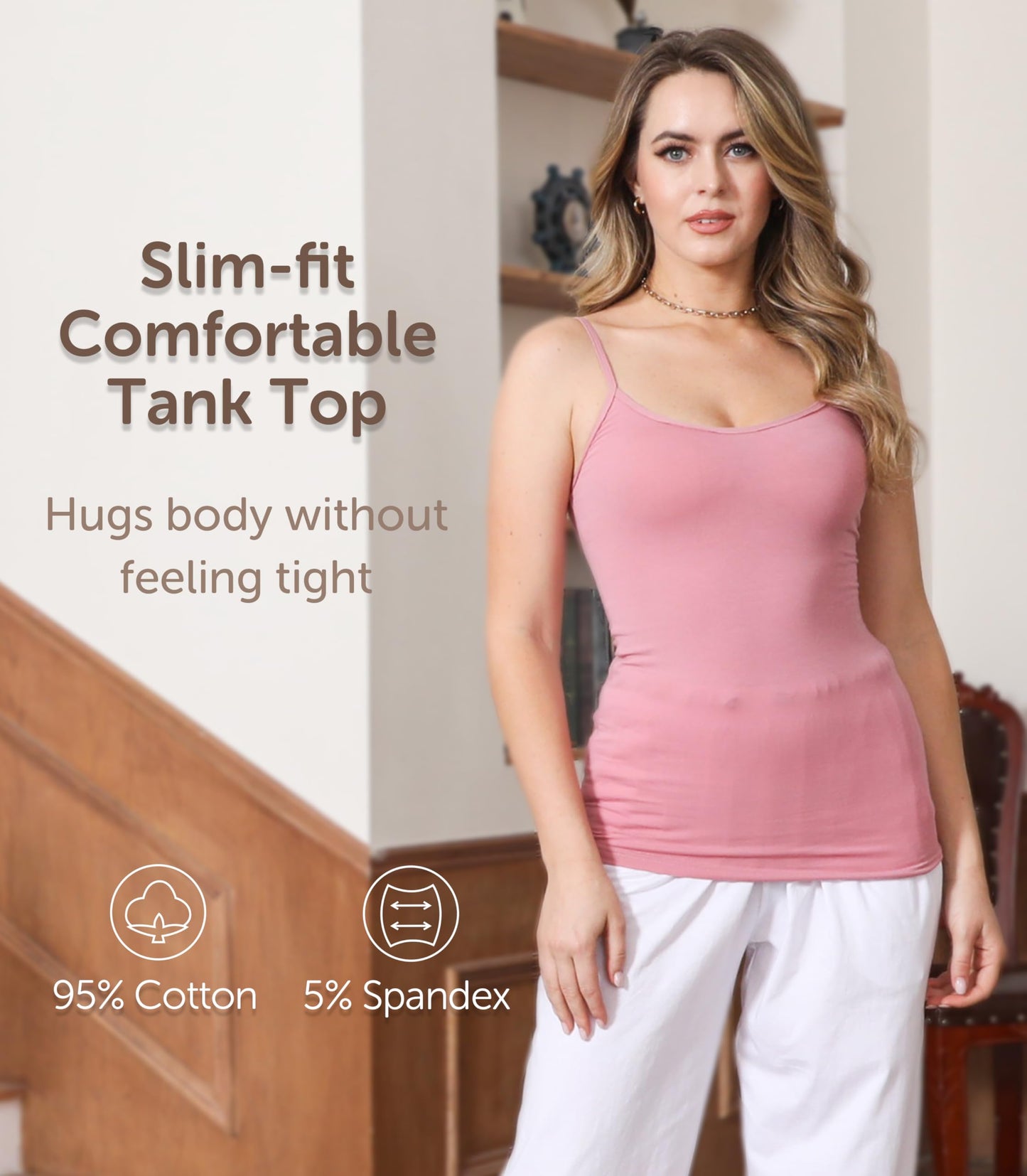 Comfneat Women's 4-Pack Slim-Fit Camisoles Adjustable Spaghetti Strap Cotton Top Undershirt