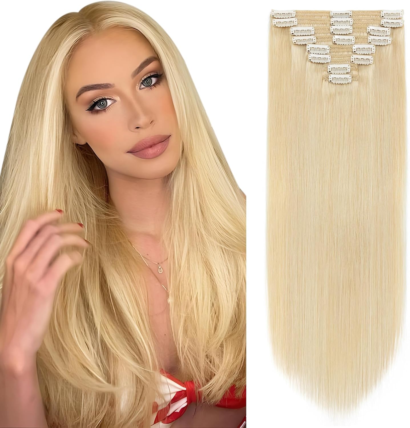 Elailite Clip in Hair Extensions Real Human Hair - 100% Remy Hair Straight 8 Pcs Thin Weft (#12/613 Golden Brown Mix Bleach Blonde, 10 Inch (50 g))