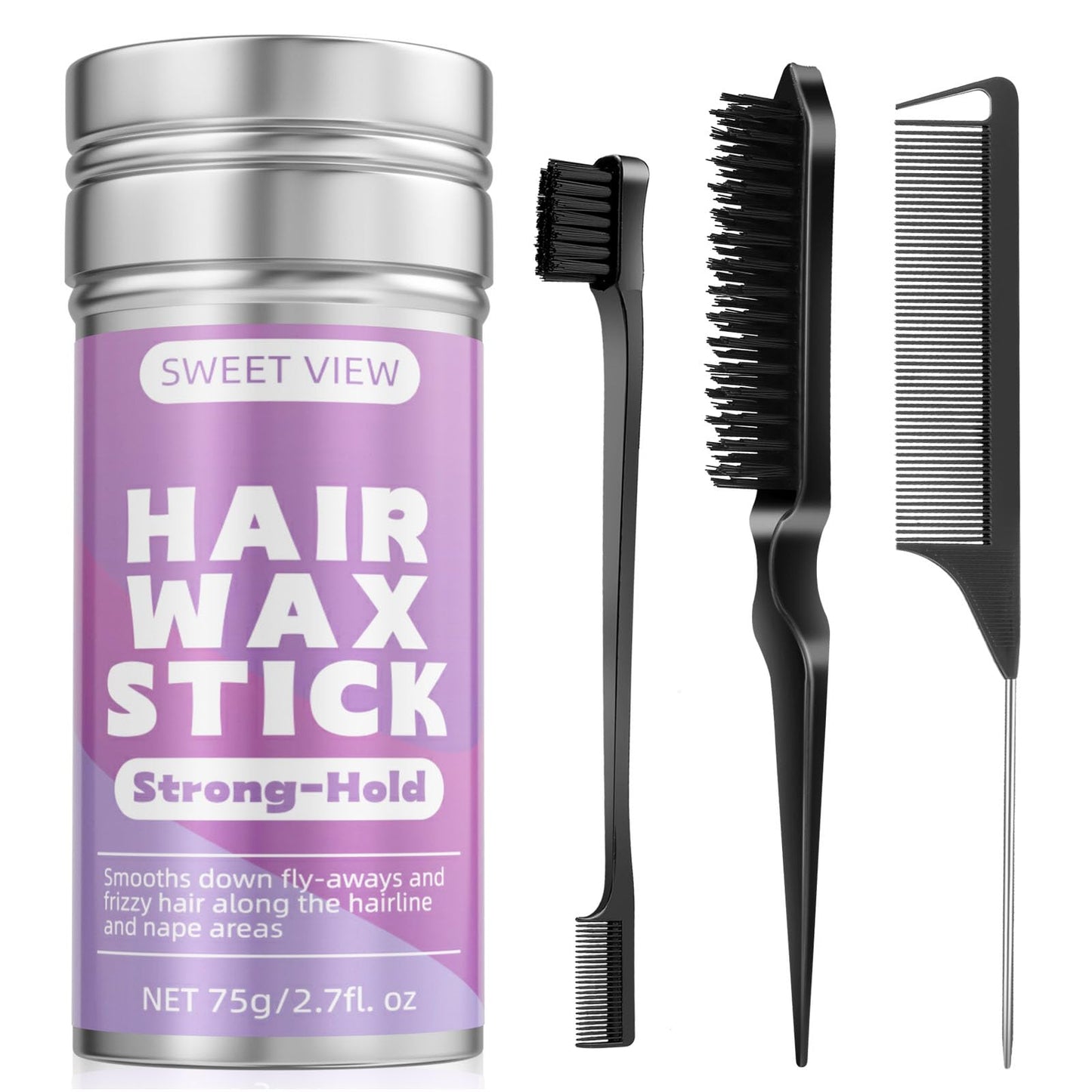 SWEET VIEW Hair Wax Stick & Slick Back Hair Brush for Tame Flyaways, Frizz, Sleek Ponytail, Buns | Pomade/Balm/Gel Stick for Woman, Styling Accessories for Girls, Kids