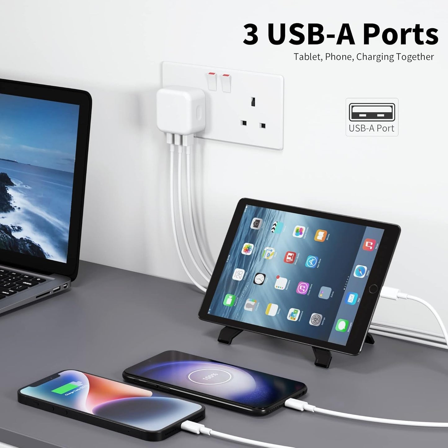 USB Plug, Multi USB Charger 5V 3A for iPhone X XR XS 8 7 6 6S Plus 5 5S 5C SE 14/14 Plus/14 Pro Max 13 12 11, Pad, UK Multiple Wall Charging Adapter Multiport Mains Power Adaptor