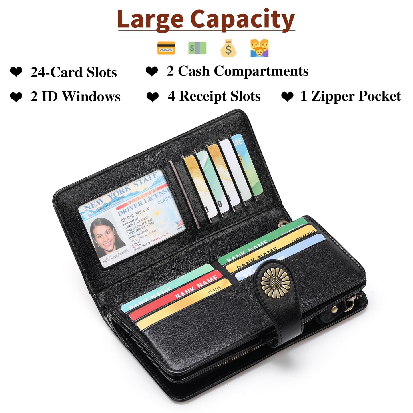 SENDEFN Genuine Leather Purses for Women, RFID Large Ladies Purse, Wallet for Women with Wrist Strap