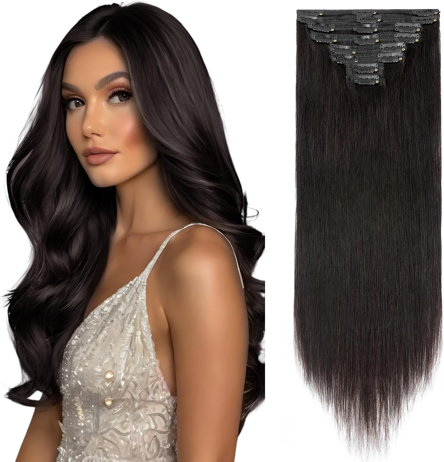Elailite Clip in Hair Extensions Real Human Hair - 100% Remy Hair Straight 8 Pcs Thin Weft (#12/613 Golden Brown Mix Bleach Blonde, 10 Inch (50 g))
