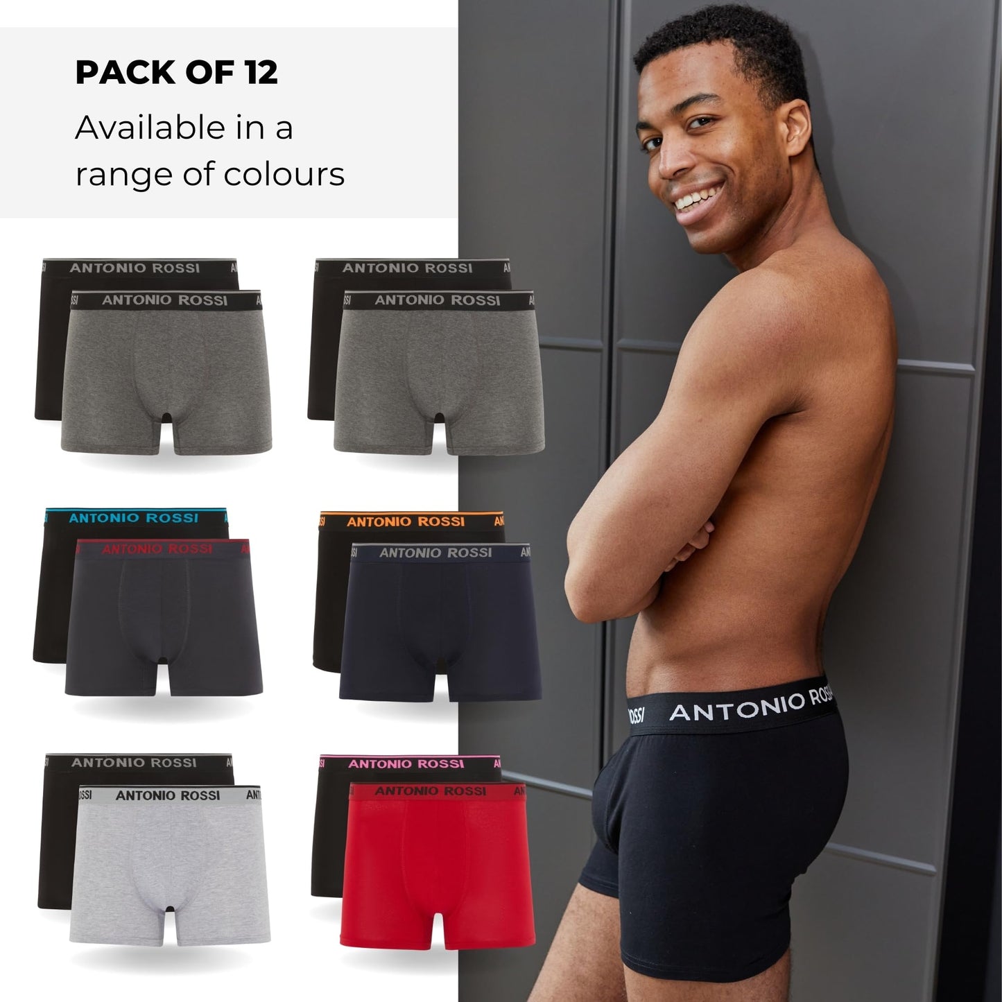 ANTONIO ROSSI (12-Pack) Men's Fitted Boxer Hipsters - Mens Boxers Shorts Multipack with Elastic Waistband - Cotton Rich, Soft and Comfortable Underwear
