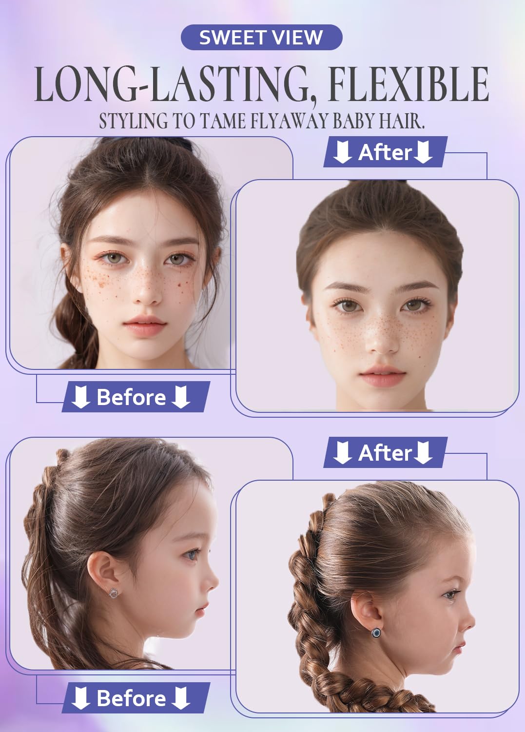SWEET VIEW Hair Wax Stick & Slick Back Hair Brush for Tame Flyaways, Frizz, Sleek Ponytail, Buns | Pomade/Balm/Gel Stick for Woman, Styling Accessories for Girls, Kids
