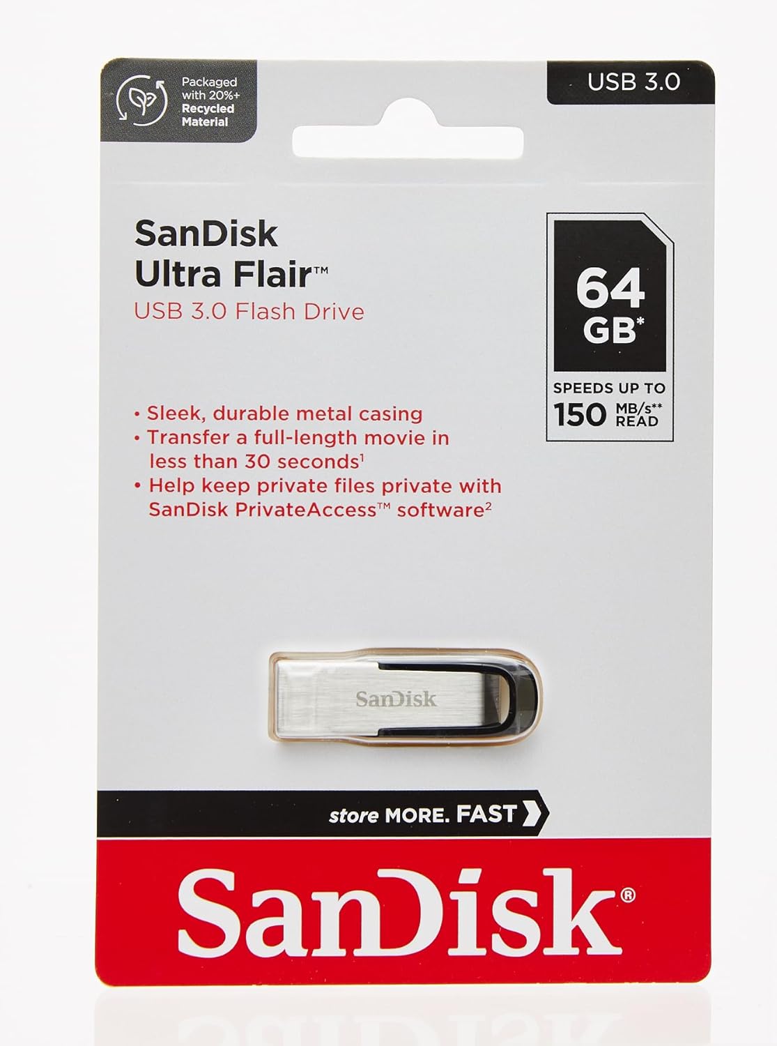 SanDisk 128GB Ultra Flair USB 3.0 Flash Drive USB stick, Memory stick with transfer speeds up to 150 MB/s, Password protection, Durable, Sleek Metal Casing Silver/Black