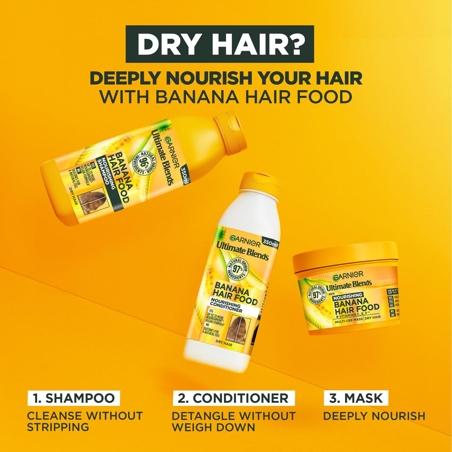 Garnier Hair Food Multi-use Hair Treatment Mask, Nourishes and Conditions, Ideal for Dry Hair, No Silicones, Vegan Formula, Banana, Ultimate Blends, 400ml