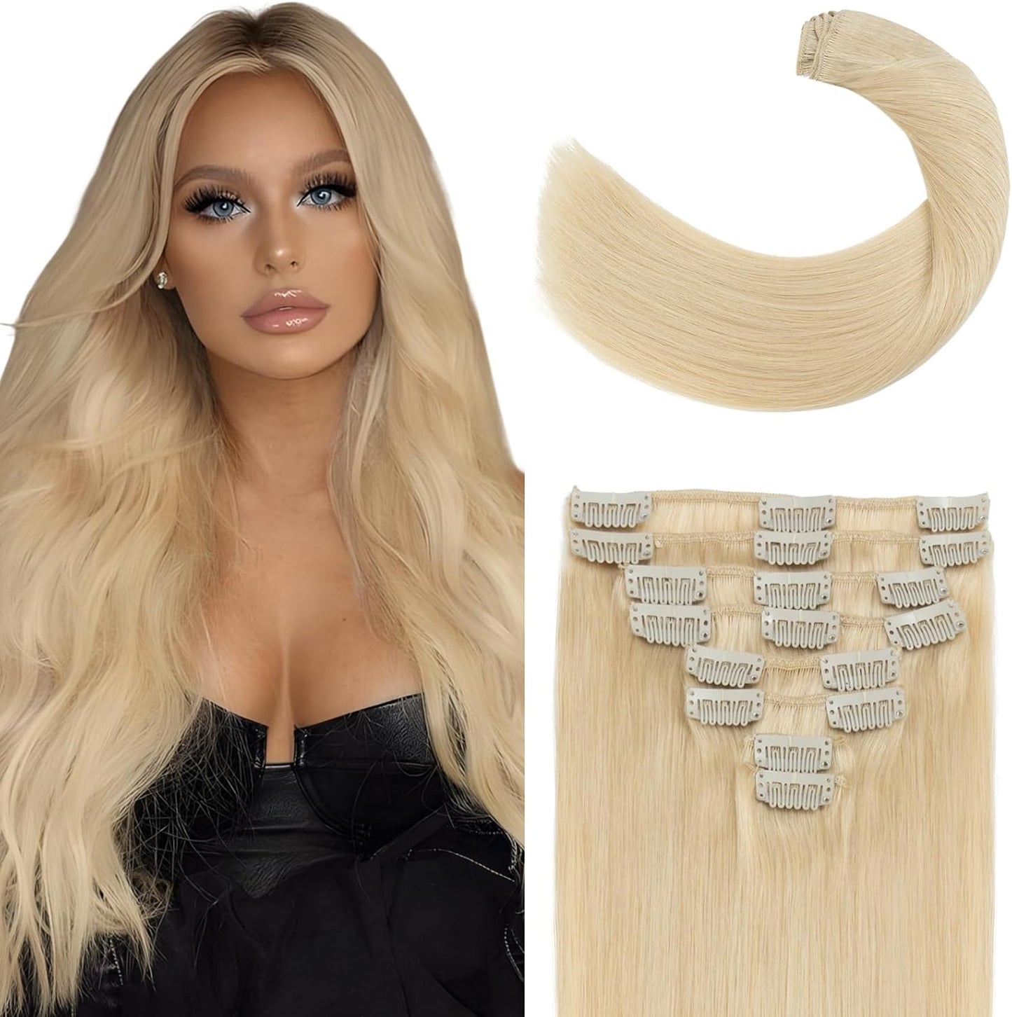 Elailite Clip in Hair Extensions Real Human Hair - 100% Remy Hair Straight 8 Pcs Thin Weft (#12/613 Golden Brown Mix Bleach Blonde, 10 Inch (50 g))