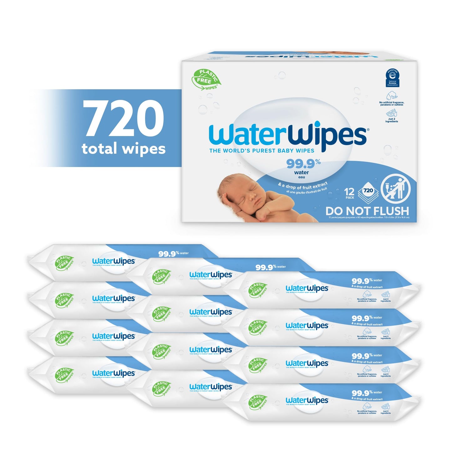 WaterWipes Original Baby Wipes, 720 Count (12 Packs), 99.9% Water, 3-In-1 Cleans, Cares, Protects, Unscented, Packaging May Vary