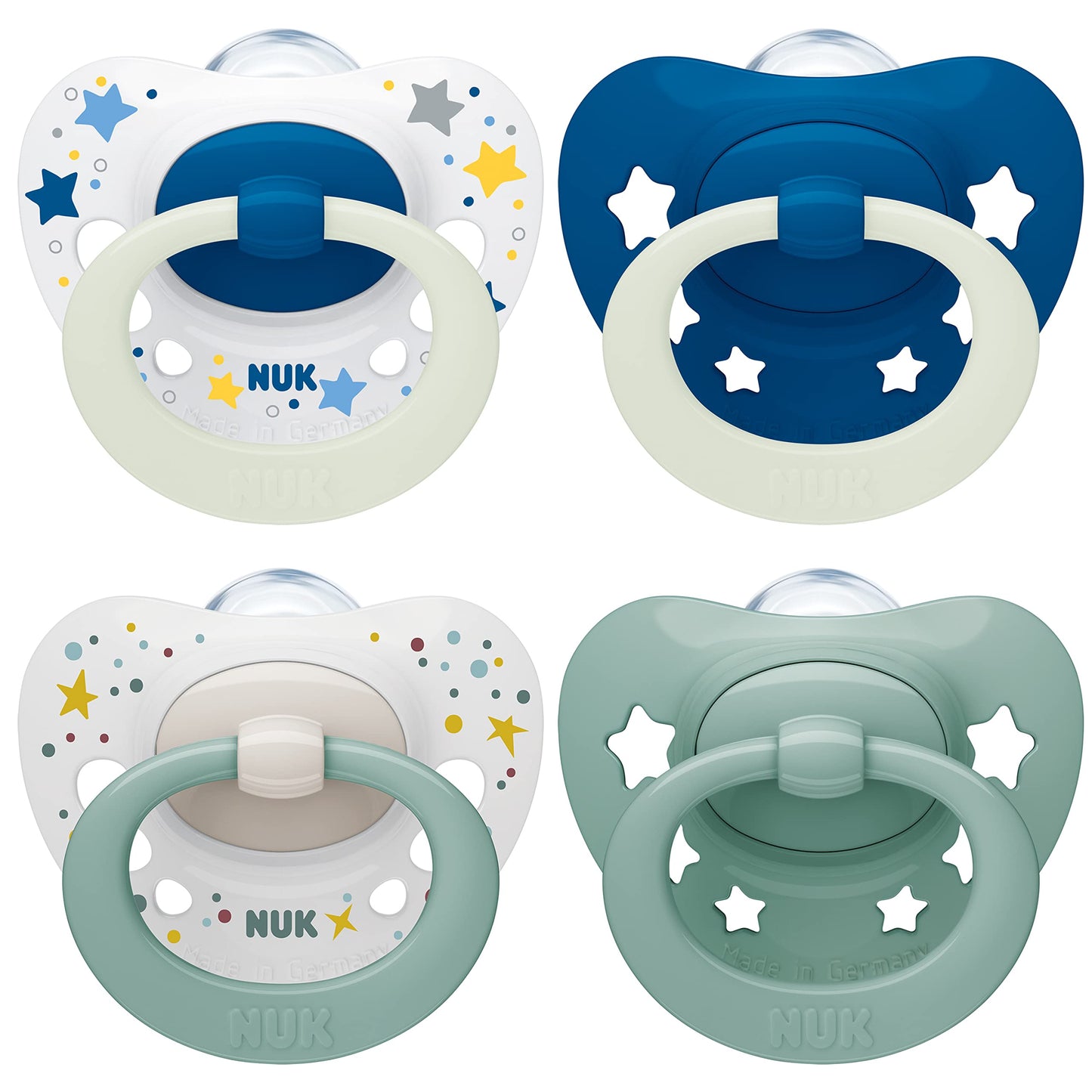 NUK Signature Day & Night Baby Dummy | 18-36 months | Soothes 95% of Babies | Heart-Shaped BPA-Free Silicone Soothers | Glow-in-the-Dark | Stars | 4 Count