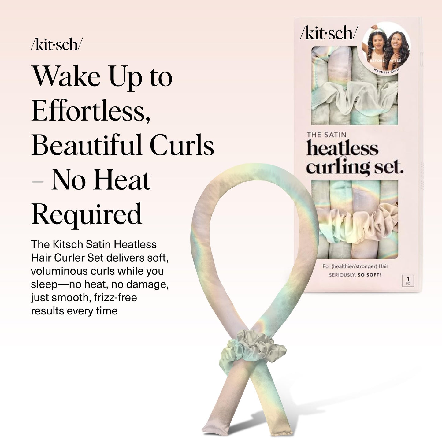 Kitsch Heatless Curling Set - Satin Heatless Curler, Hair Curler No Heat, Heatless Curler for long and short hair, Overnight Curls with 2 Satin Scrunchies and Blowout Rod - Sunset Tie Dye