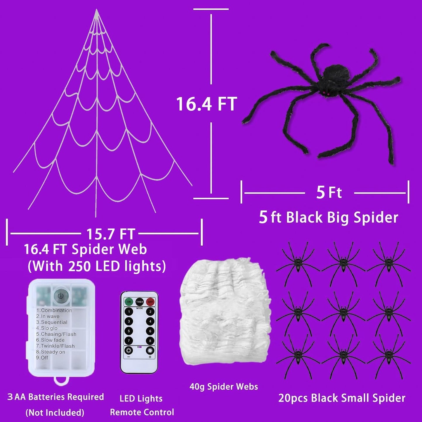 Halloween Decorations, 16.4FT Diameter Spider Web Lights with Black 4FT Spider, 250 LED Waterproof Net Lights, Remote Control, 8 Modes Cobweb for Yard House Garden Outdoor Indoor Party Haunted Decor