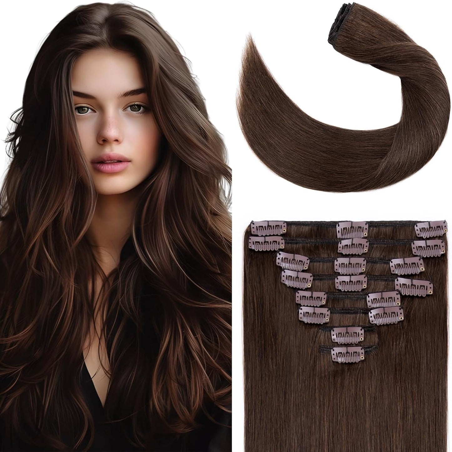 Elailite Clip in Hair Extensions Real Human Hair - 100% Remy Hair Straight 8 Pcs Thin Weft (#12/613 Golden Brown Mix Bleach Blonde, 10 Inch (50 g))