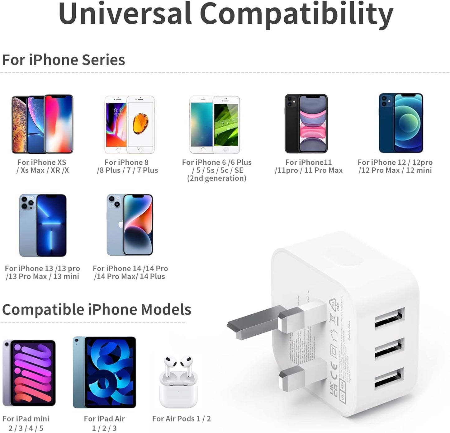 USB Plug, Multi USB Charger 5V 3A for iPhone X XR XS 8 7 6 6S Plus 5 5S 5C SE 14/14 Plus/14 Pro Max 13 12 11, Pad, UK Multiple Wall Charging Adapter Multiport Mains Power Adaptor