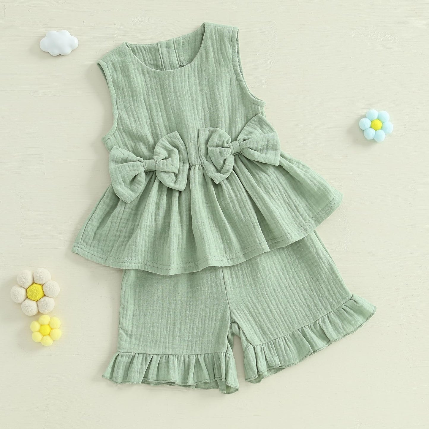YILEEGOO Toddler Baby Girl Summer Outfits Cotton Baby Clothes Ribbed Sleeveless Bow Ruffled Tank Vest Shirt Tops with Shorts Set