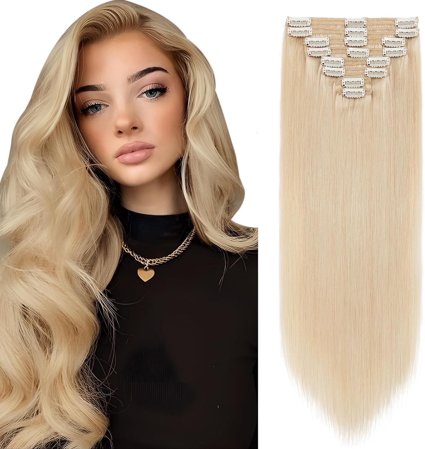 Elailite Clip in Hair Extensions Real Human Hair - 100% Remy Hair Straight 8 Pcs Thin Weft (#12/613 Golden Brown Mix Bleach Blonde, 10 Inch (50 g))