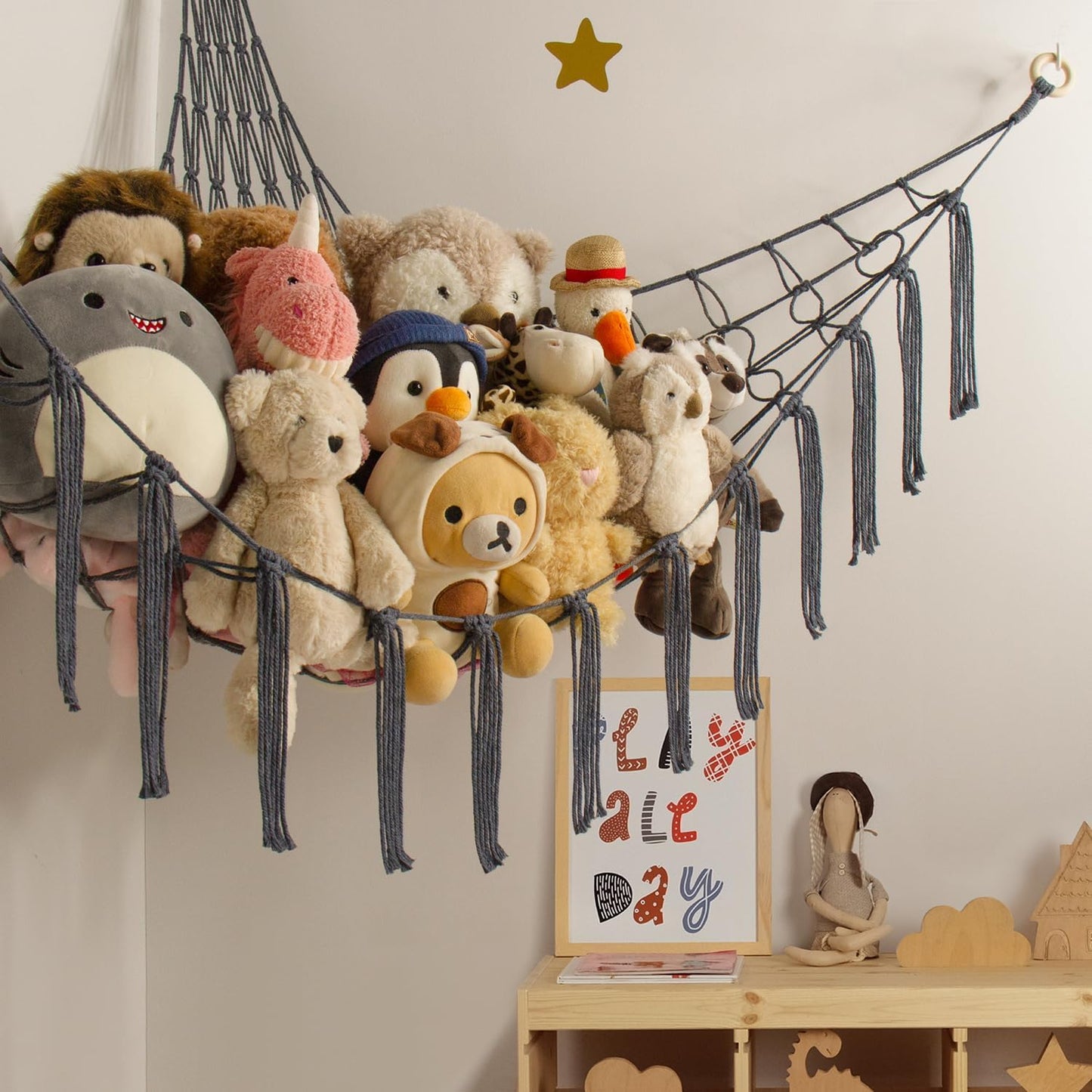 Stuffed Animal Storage Hammock - Baby Toy Hammock Net for Stuffed Animals Cute Room Decor -Large Stuff Animal Organizer Holder for Plush Plushie - Kids Nursery Beige Bedroom Home Decor