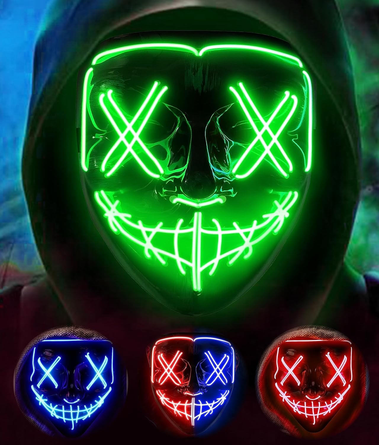 AnanBros Scary LED Halloween Mask, Light up Mask Cosplay, LED Rave Face Mask Costume 3 Lighting Modes, Halloween Face Masks for Men Women Kids