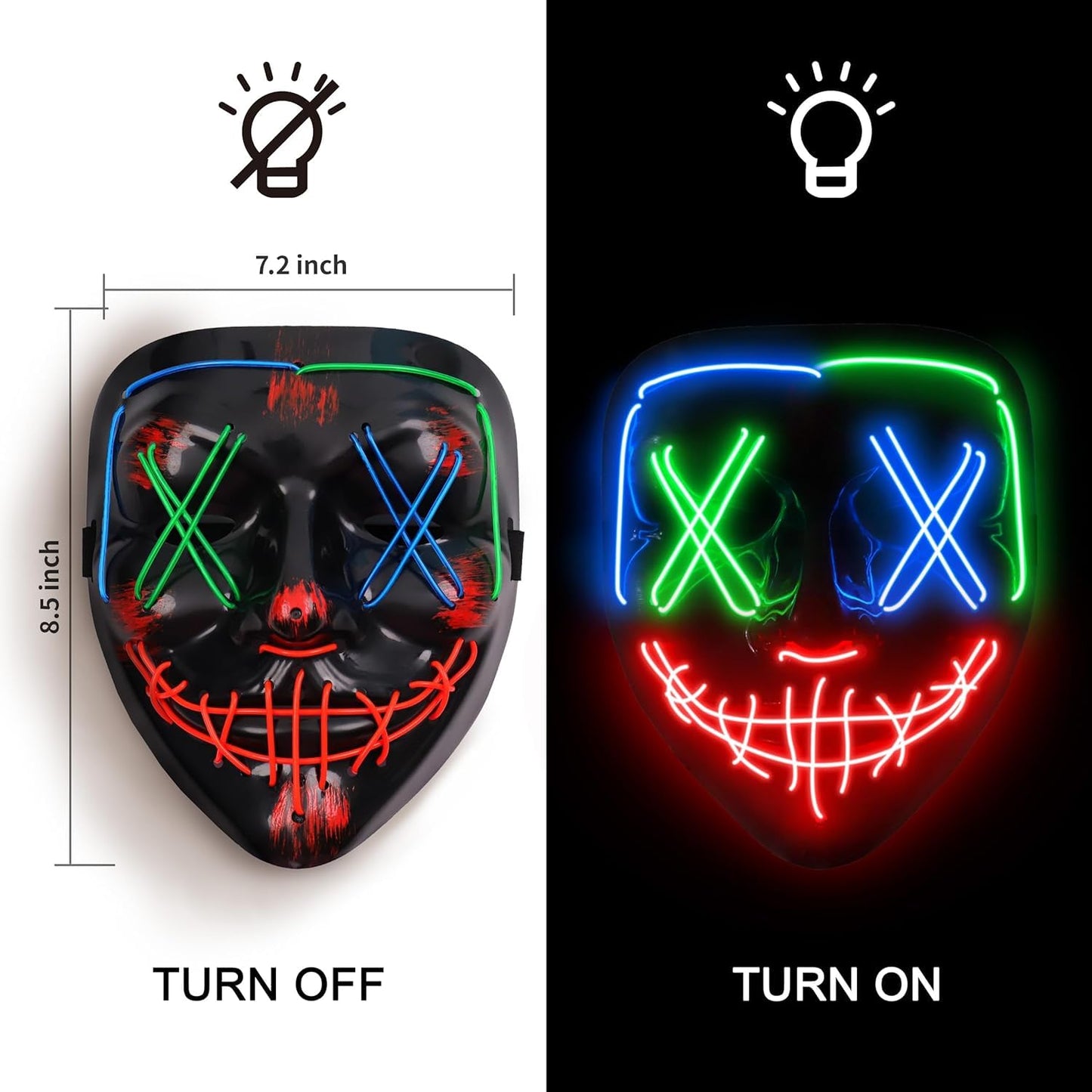 AnanBros Scary LED Halloween Mask, Light up Mask Cosplay, LED Rave Face Mask Costume 3 Lighting Modes, Halloween Face Masks for Men Women Kids