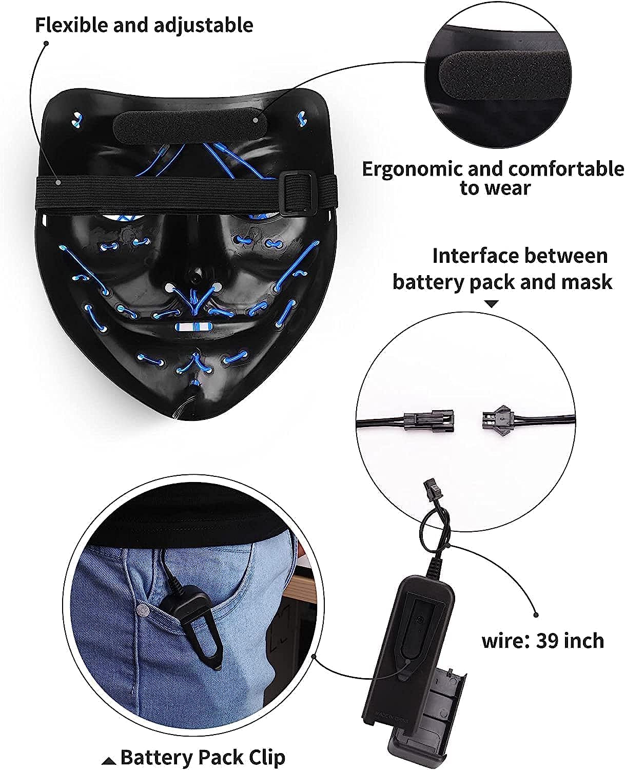 AnanBros Scary LED Halloween Mask, Light up Mask Cosplay, LED Rave Face Mask Costume 3 Lighting Modes, Halloween Face Masks for Men Women Kids