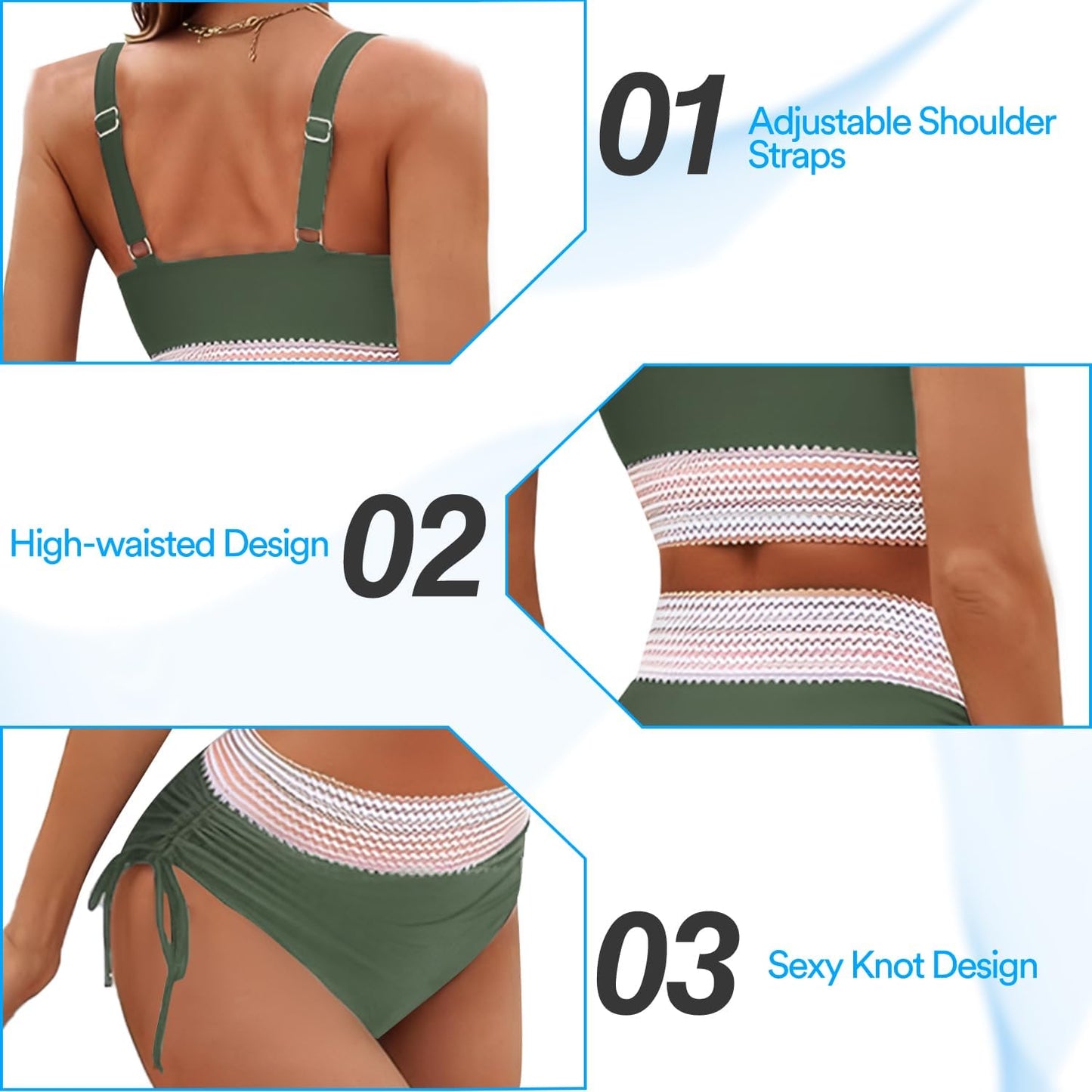 Women's High Waisted Bikini Set Tummy Control Swimwear with Adjustable Shoulder Straps 2 Piece Beach Holiday Swimming Costume for Pool Vacation Spa