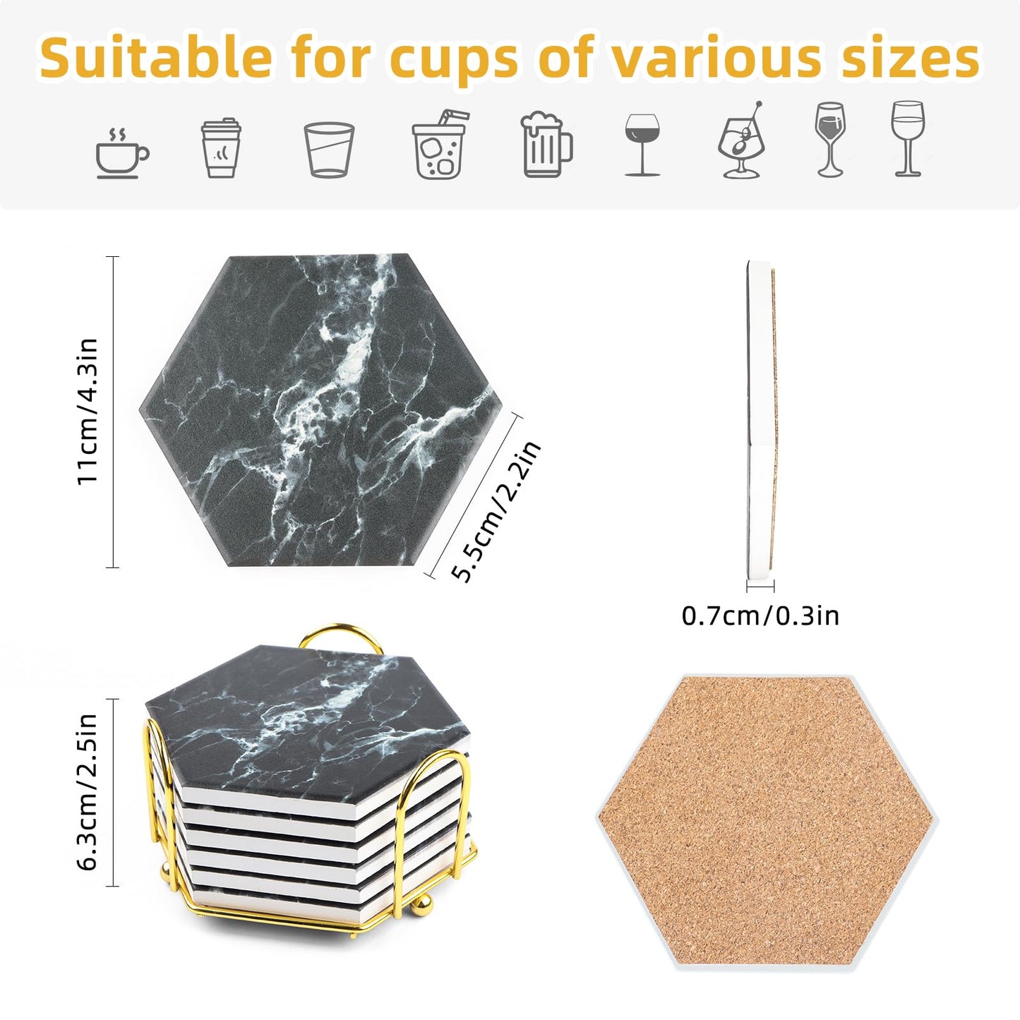 Marble Coasters for Drinks Absorbent with Cork Base, 8pcs Drink Coasters for Wooden Table with Metal Holder, Gold Ceramic Cup Coaster Set Rustic Home Decor for Living Room Bar Housewarming Gifts 4 ''