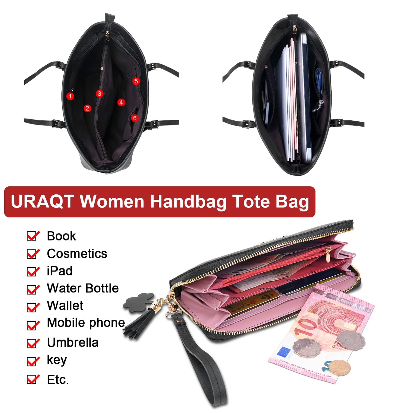 URAQT Women Handbag Tote Bag, 15.6 Inch PU Leather Shoulder Bag Laptop Bags with Adjustable Handle, Lightweight Stylish Designer Large Black Handbags for School Work Travel