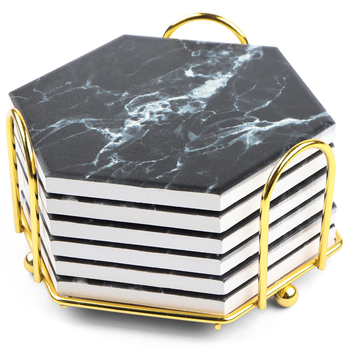 Marble Coasters for Drinks Absorbent with Cork Base, 8pcs Drink Coasters for Wooden Table with Metal Holder, Gold Ceramic Cup Coaster Set Rustic Home Decor for Living Room Bar Housewarming Gifts 4 ''