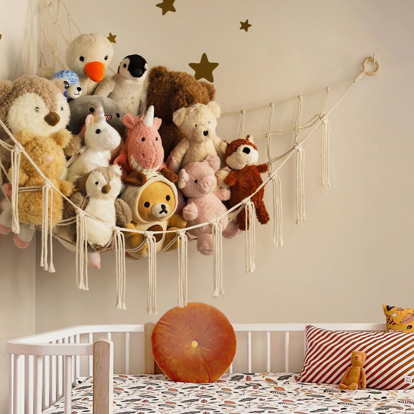 Stuffed Animal Storage Hammock - Baby Toy Hammock Net for Stuffed Animals Cute Room Decor -Large Stuff Animal Organizer Holder for Plush Plushie - Kids Nursery Beige Bedroom Home Decor